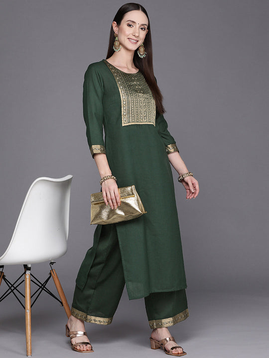 Indo Era Solid Green Straight Kurta Palazzo Sets