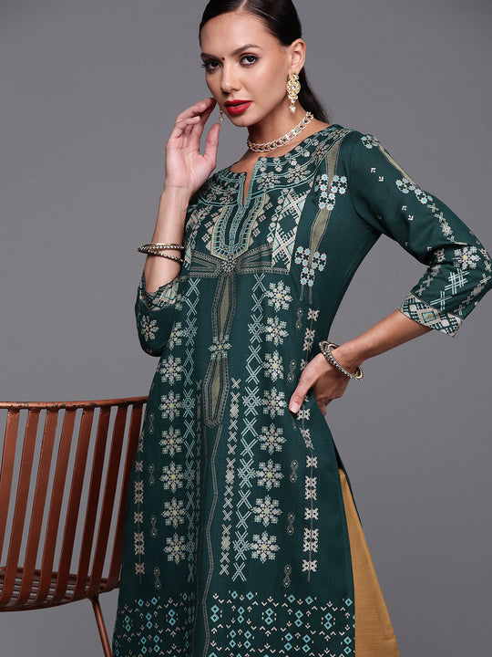 Indo Era Green Foil Printed Straight Kurta With Palazzo Set