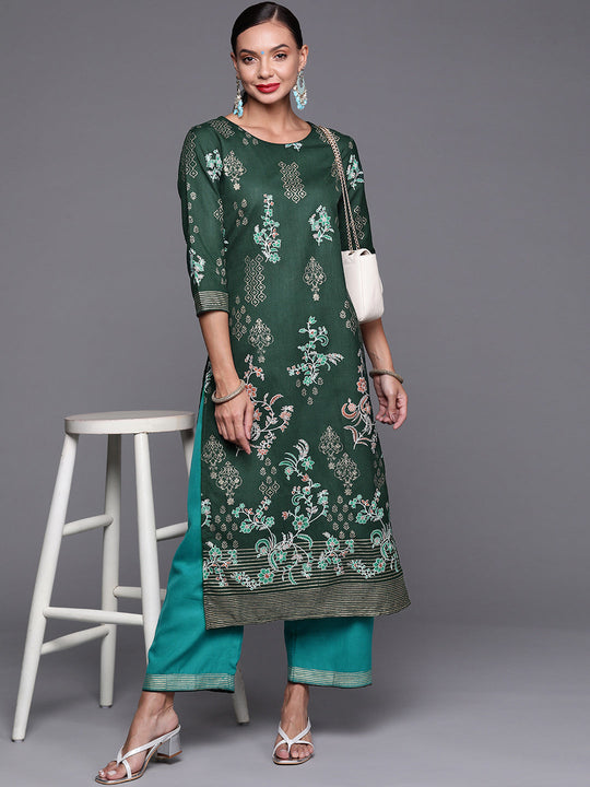 Indo Era Green Foil Printed Straight Kurta With Palazzo Set