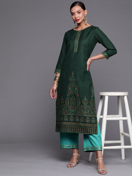 Indo Era Green Foil Printed Straight Kurta With Palazzo Set