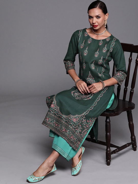 Indo Era Green Foil Printed Straight Kurta With Palazzo Set
