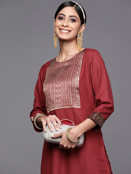 Indo Era Solid Maroon Straight Kurta Palazzo Sets