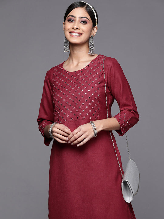 Indo Era Maroon Solid Straight Kurta Palazzo Sets