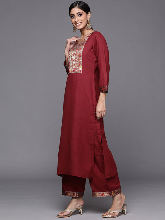 Indo Era Solid Maroon Straight Kurta Palazzo Sets