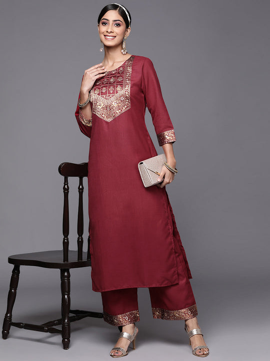 Indo Era Solid Maroon Straight Kurta Palazzo Sets