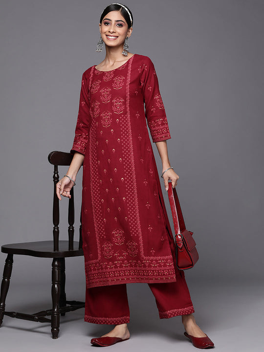 Indo Era Maroon Foil Printed Straight Kurta Palazzo Sets