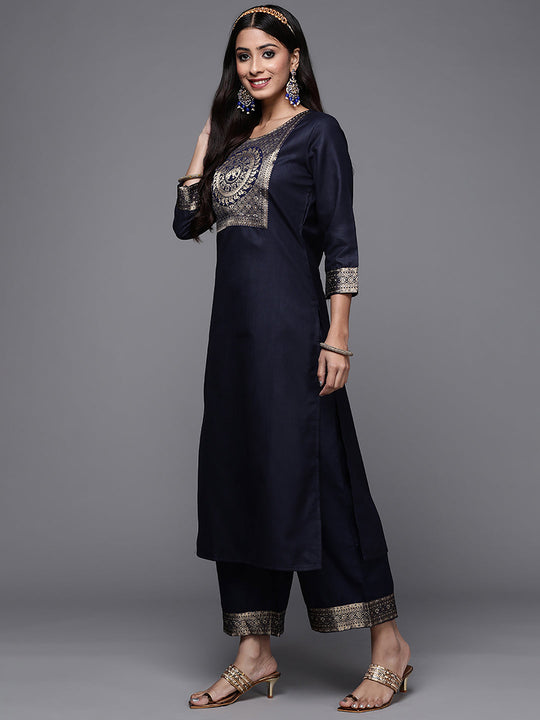 Indo Era Solid Navy Blue Straight Kurta Palazzo Sets