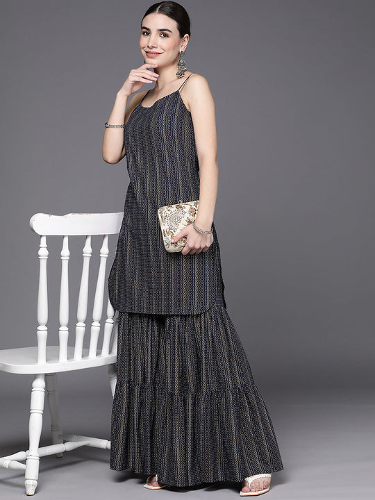 Indo Era Navy Blue Printed Straight Kurta Sharara Sets