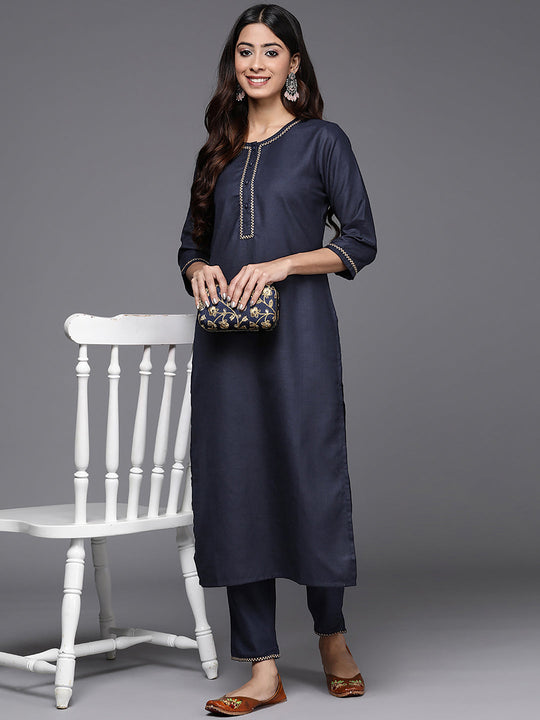 Indo Era Navy Blue Embroidered Straight Kurta Trousers Set