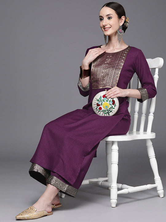 Indo Era Wine Yoke Design Straight Kurta Palazzos Set