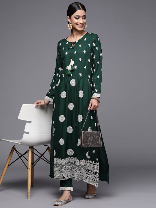 Indo Era Bottle Green Embroidered Straight Kurta With Trouser Set