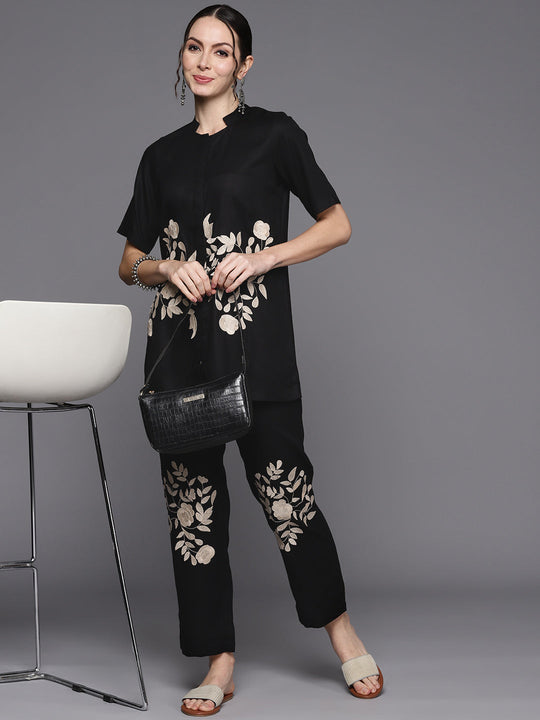 Indo Era Black Floral Embroidered Regular Thread Work Top with Trousers
