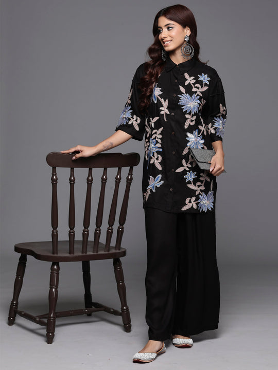 Indo Era Black Embroidered Straight Kurta Trousers  Set