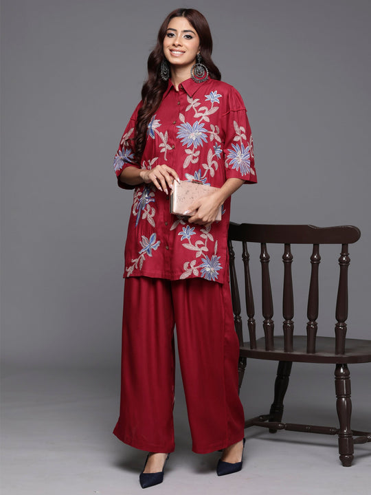 Indo Era Maroon Embroidered Straight Kurta Trousers  Set