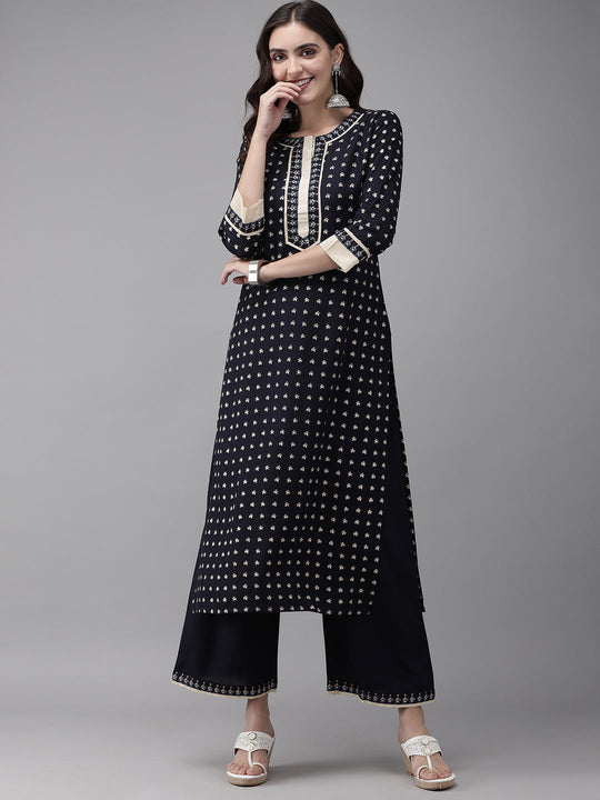 Indo Era Navy Blue Foil Printed Straight Kurta Palazzo Set