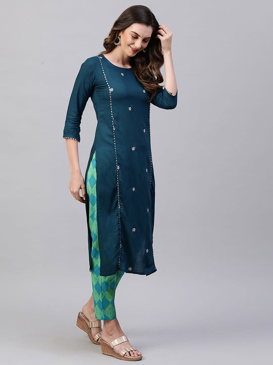 Indo Era Teal Embroidred Straight Kurta With Printed Trouser Set