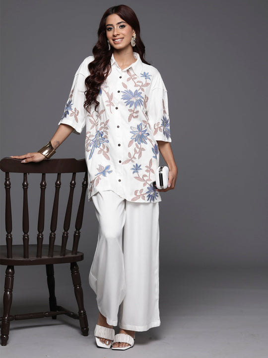 Indo Era White Embroidered Straight Kurta Trousers Set