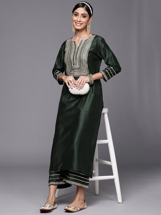 Indo Era Green Embroidered Straight Kurta Trouser Sets