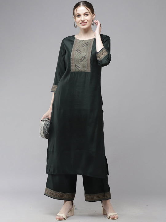 Indo Era Green Yoke Design Straight Kurta With Palazzo Set