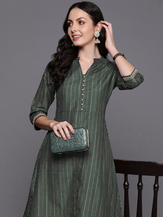 Indo Era Green Printed A-Line Kurta Trousers Set
