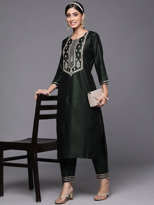 Indo Era Green Embroidred Straight Kurta Trouser Sets