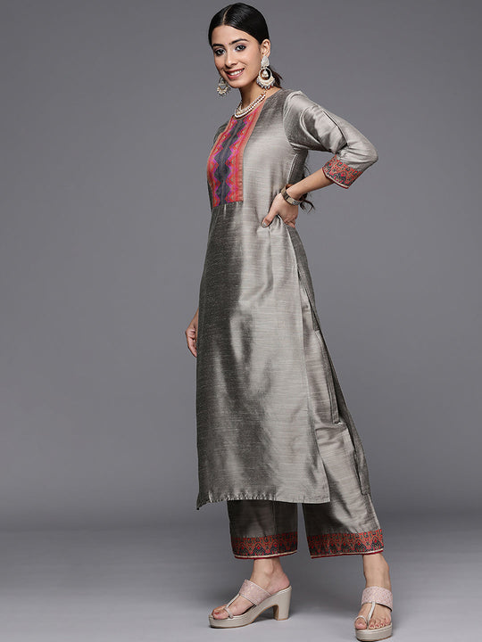 Indo Era Grey Yoke Design Straight Kurta Palazzos Set