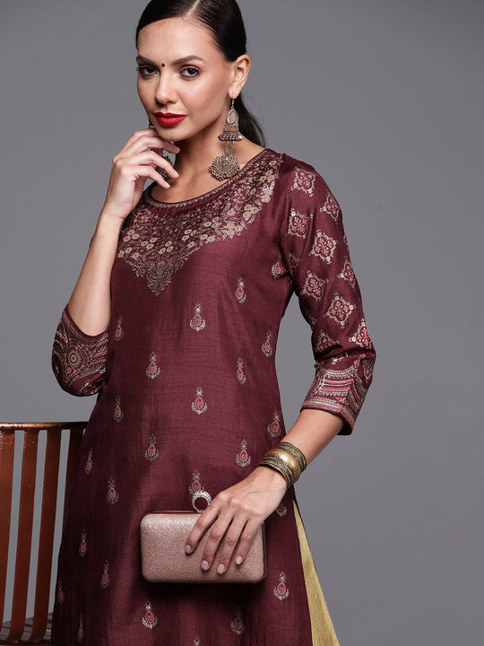 Indo Era Maroon Foil Printed Straight Kurta With Palazzo Set