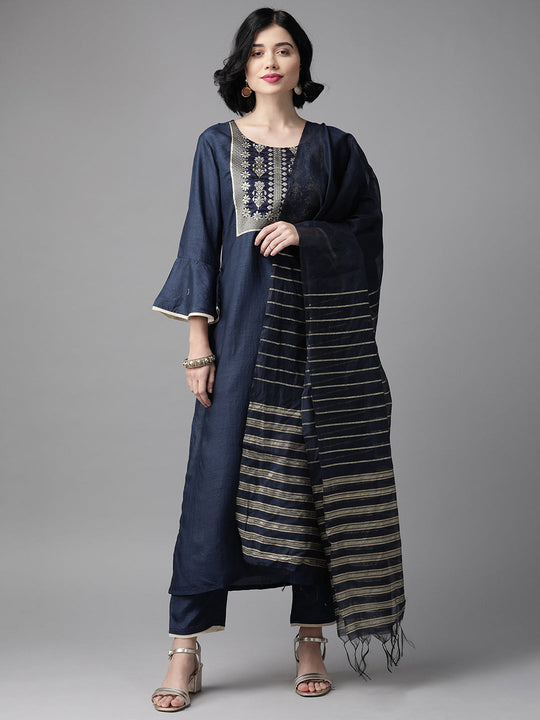 Indo Era Navy Blue Solid Straight Kurta Trouser Set