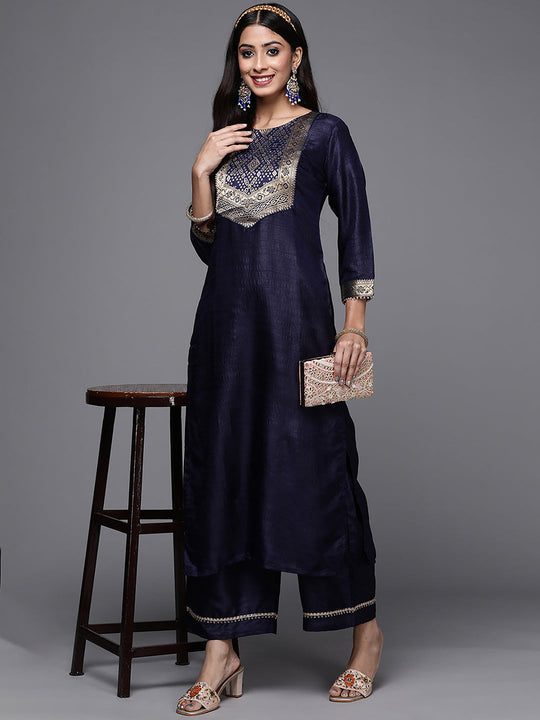 Indo Era Navy Blue Solid Straight Kurta Palazzo Sets