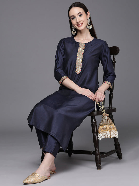 Indo Era Navy Blue Solid Straight Kurta Trousers Set