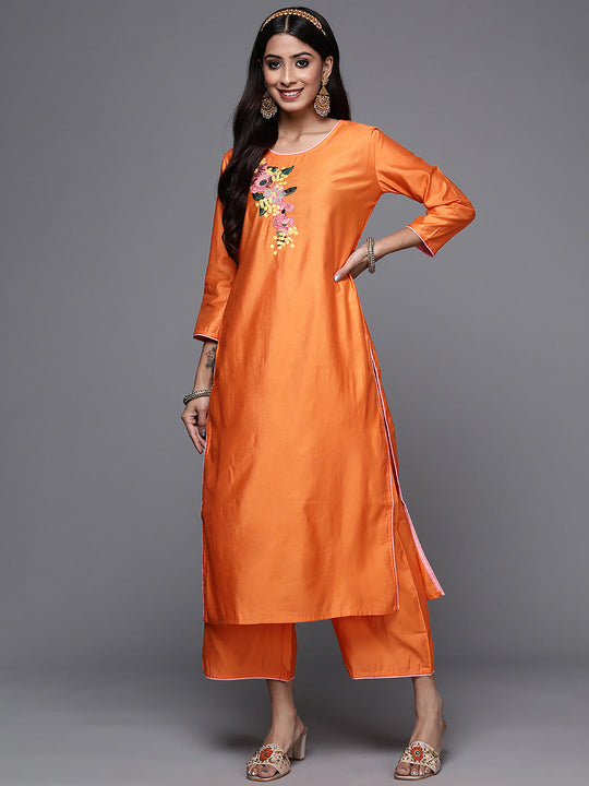 Indo Era Orange Embroidered Straight Kurta Palazzo Sets