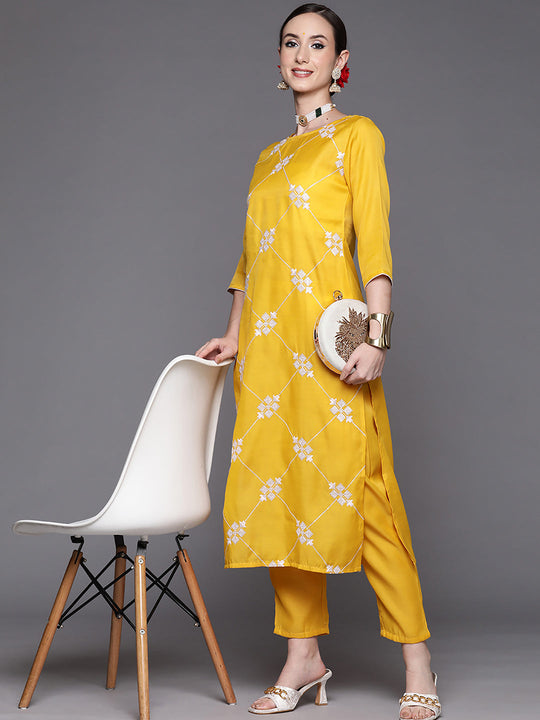 Indo Era Orange Embroidered Straight Kurta With Trousers Set