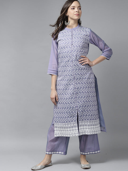 Indo Era Purple Floral Embroidered Straight Kurta With Palazzo Set
