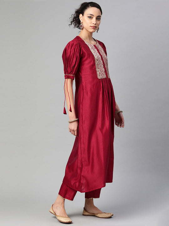 Indo Era Red Solid Straight Kurta Trouser Set