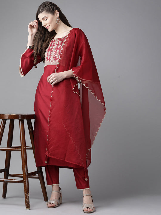 Indo Era Red Solid Straight Kurta Trouser Set
