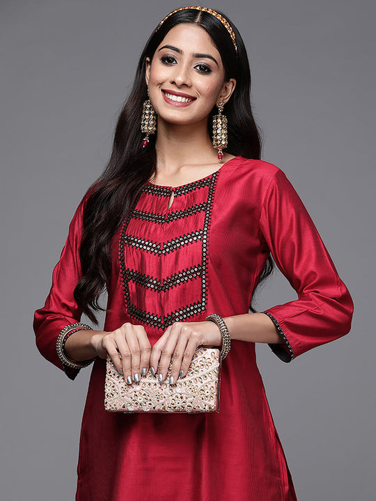 Indo Era Red Solid Straight Kurta Trouser Sets