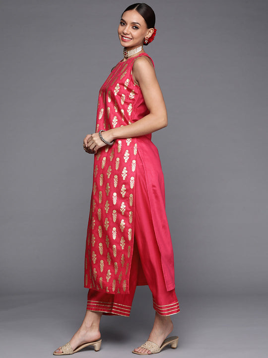 Indo Era Rani Pink Foil Printed Straight Kurta With Palazzo Set