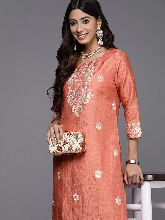 Indo Era Rust Printed Straight Kurta Palazzos Set