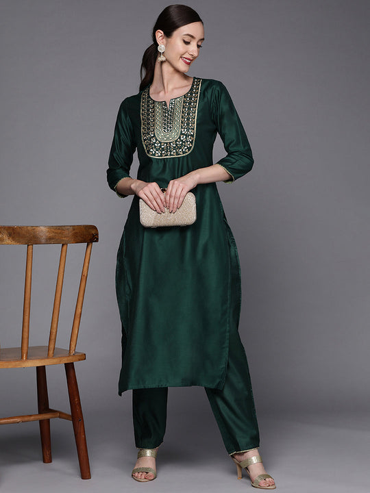 Indo Era Teal Embroidered Straight Kurta Trouser Sets