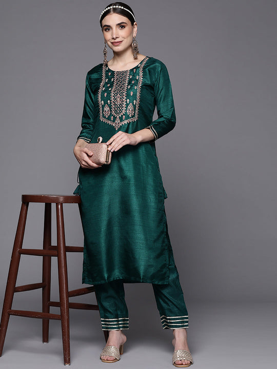 Indo Era Blue Embroidered Straight Kurta Palazzo Set