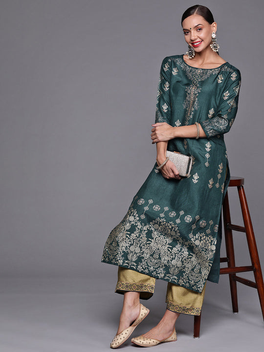 Indo Era Teal Foil Printed Straight Kurta With Palazzo Set