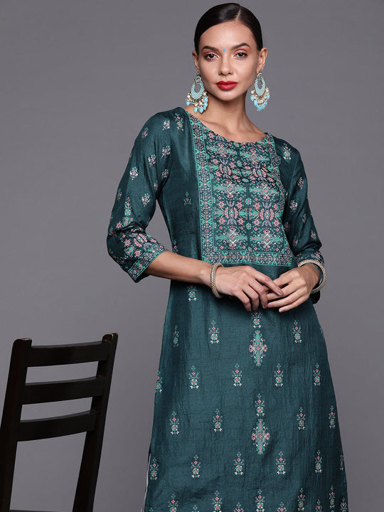 Indo Era Teal Foil Printed Straight Kurta With Palazzo Set