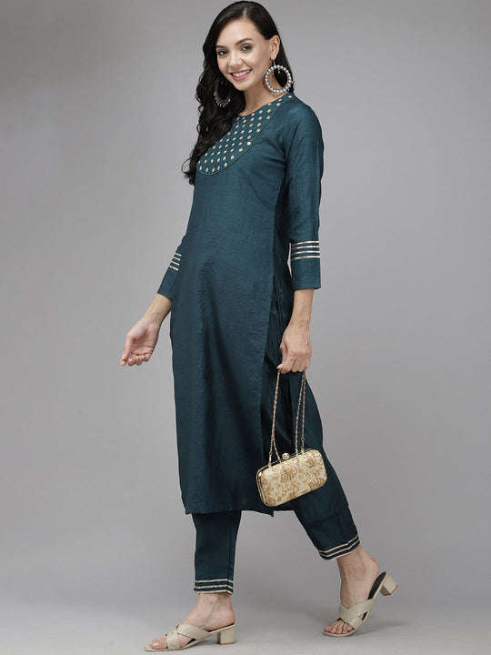 Indo Era Teal Embroidered Straight Kurta With Trouser Set
