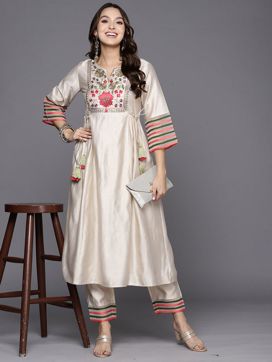 Indo Era White Embroidered A-Line Kurta Trousers Set