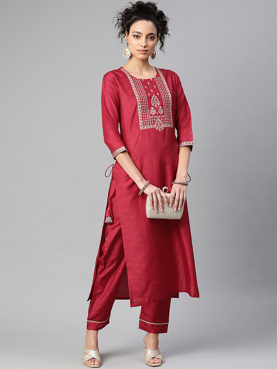 Indo Era Wine Embroidered Straight Kurta Trouser Set