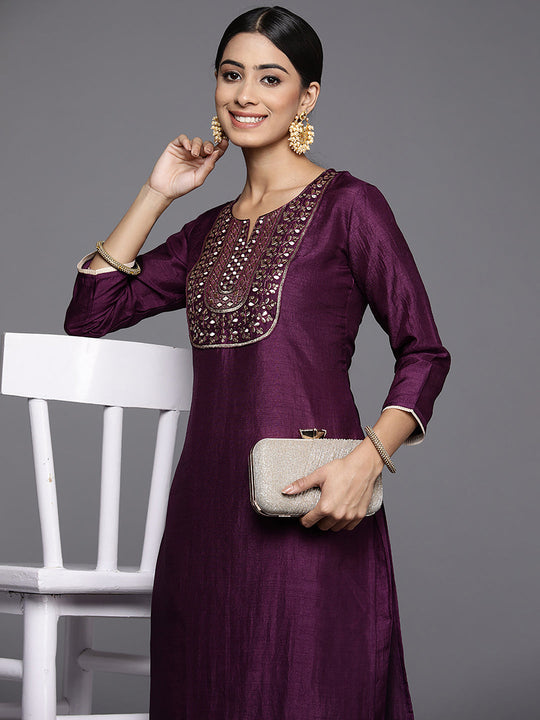 Indo Era Wine Solid Straight Kurta Trouser Set