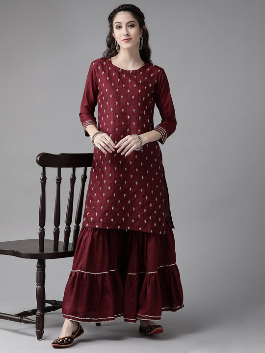 Indo Era Wine Embroidred Straight Kurta Sharara Set