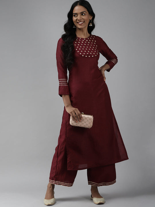 Indo Era Wine Embroidered Straight Kurta With Trouser Set