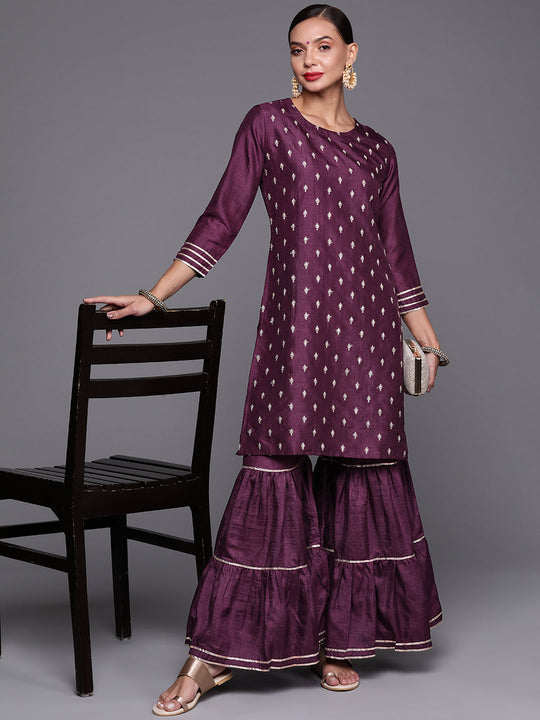 Indo Era Wine Embroidered Straight Kurta With Sharara Set