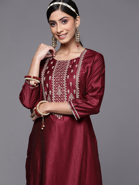 Indo Era Wine Embroidered Straight Kurta Trouser Sets